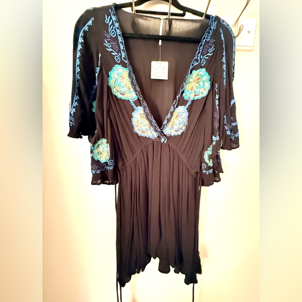 Black Free People Dress with Blue and Green Embroidery
